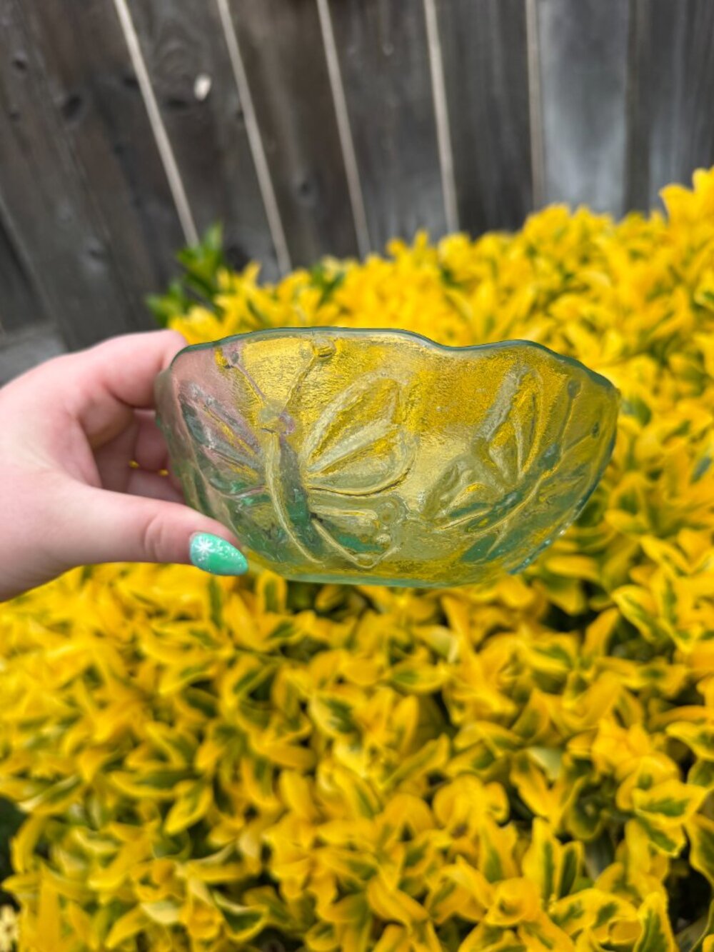 Vintage Green "Butterfly" Candy dish depression glass UK Art Glass